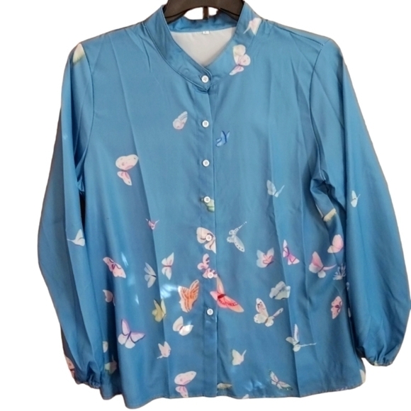 Tops - Blue Butterfly Button Down Long Sleeve Top